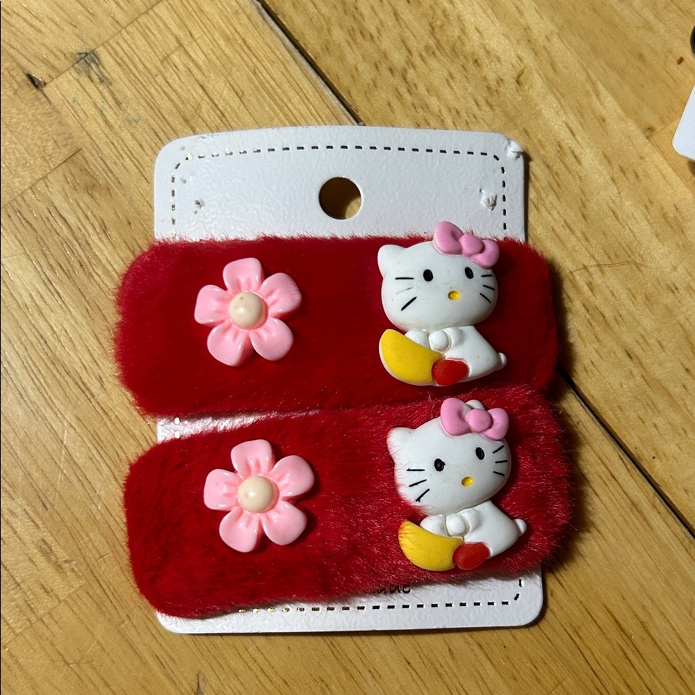 Hello Kitty Fuzzy Red Hair Clips with Pink Accents